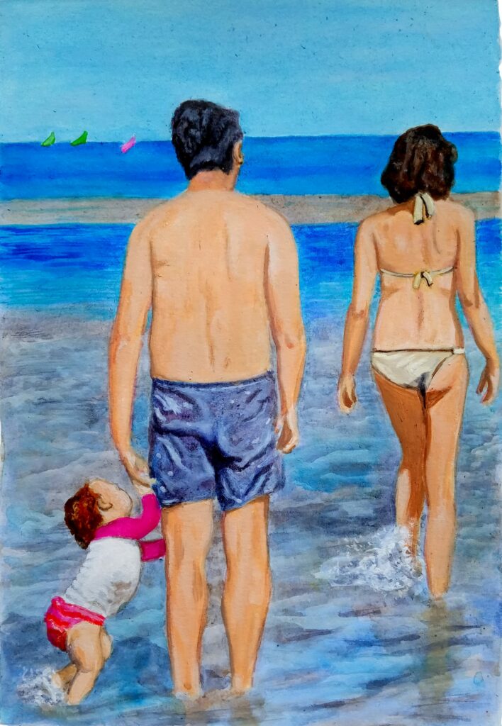 plage du Pouliguen, marée basse, dessin d'un enfant tenant la main d'un homme en train de regarder passer une femme