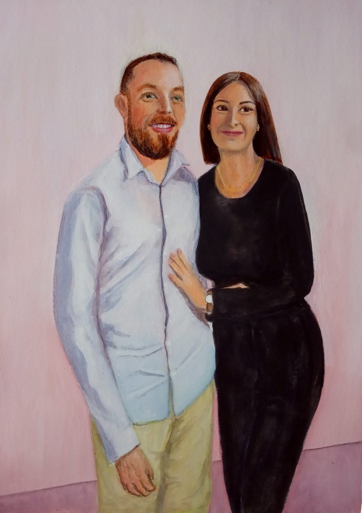 Galerie portrait couple, encres et acrylique support papier, fond dégradés roses