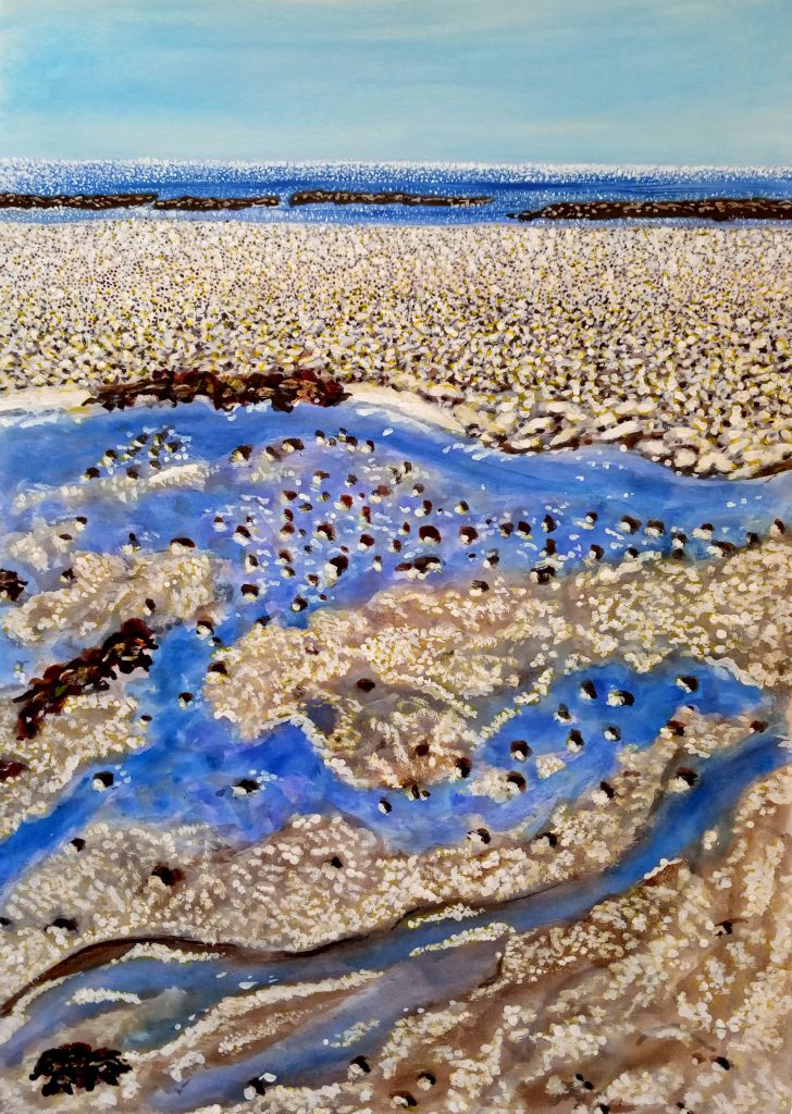 dessin de la plage du Nau au Pouliguen, à marée basse ; lumière de midi avec reflets du soleil sur l'eau et la vase