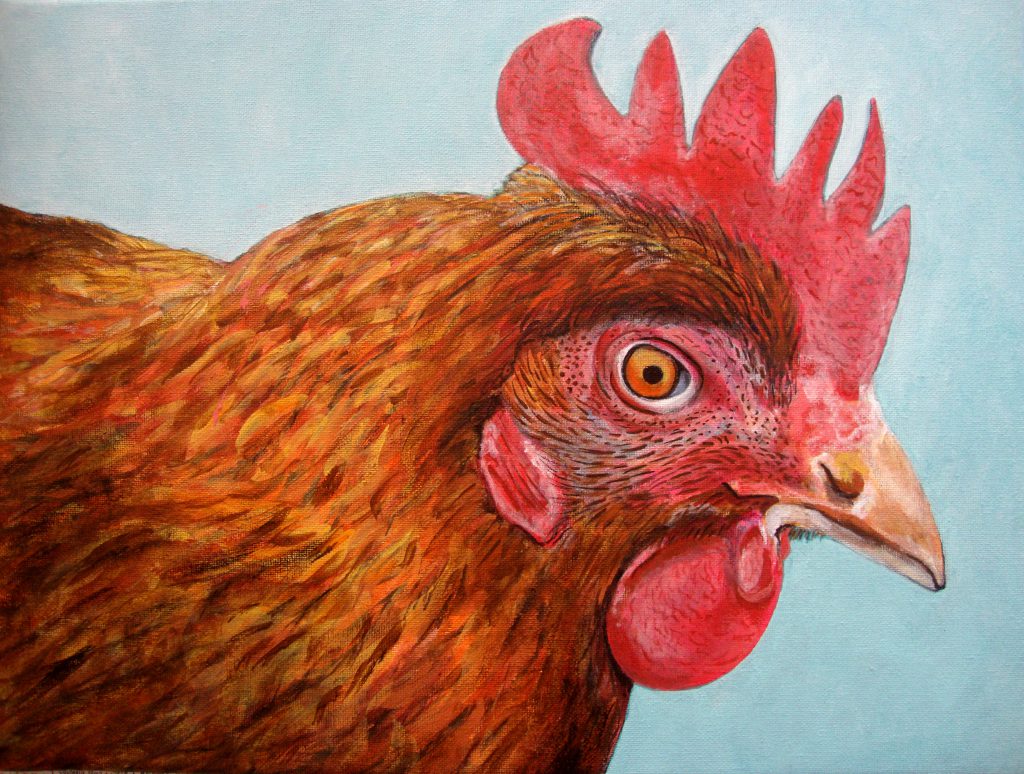 Modèle profil poule rousse sur fond neutre, peinture acrylique sur toile
