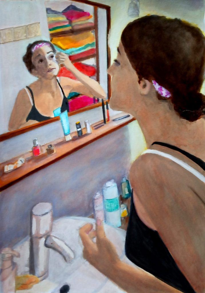 Portrait d'une jeune fille dans sa salle de bain