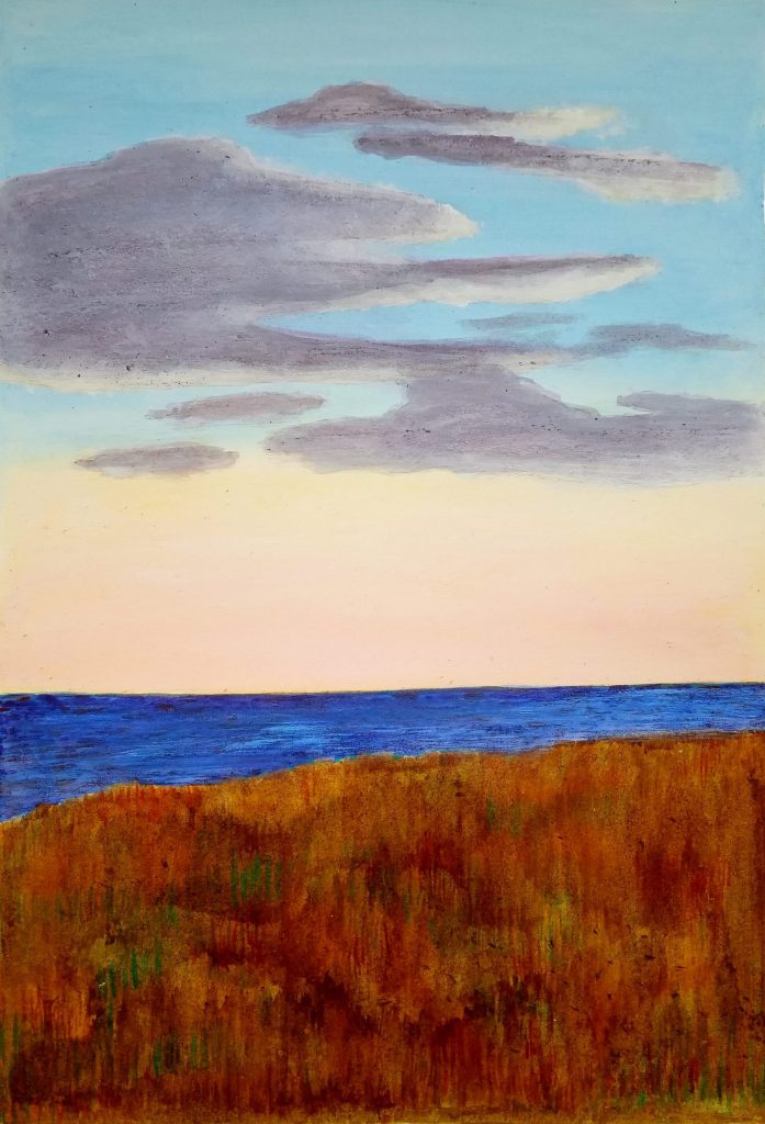 Peinture sur papier de paysage de bord de mer au coucher du soleil