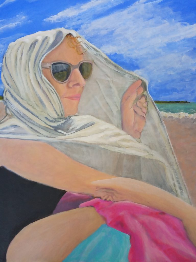 Peinture acrylique sur carton entoilé, portrait d'une femme à la plage
