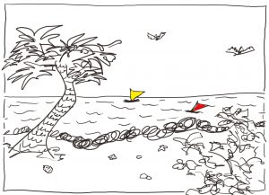 Croquis d'un paysage marin, avec palmier et bâteaux