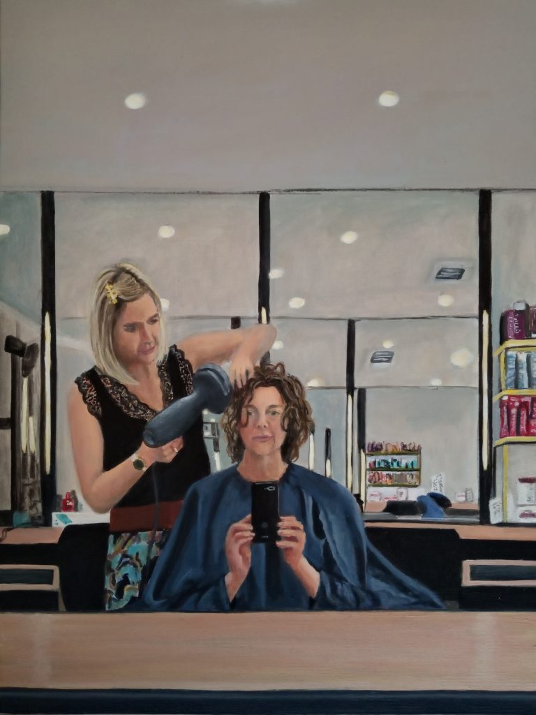 Peinture sur carton entoilé, au salon de coiffure, portrait d'une femme cliente et d'une coiffeuse