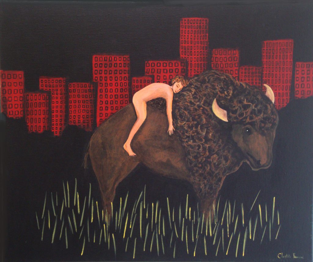 Peinture sur toile de l'homme et l'animal, réunit la nuit, sur fond de ville rouge,