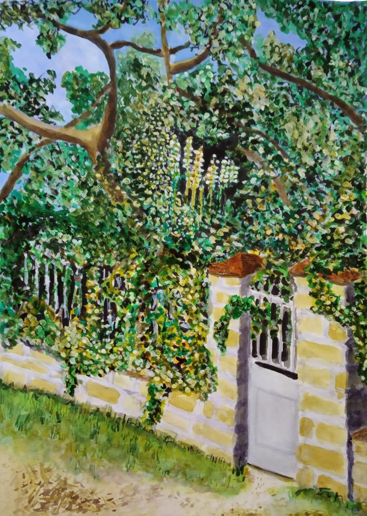 Peinture d'une entrée de jardin à la végétation débordante