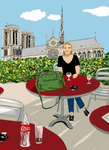 Portrait femme à la terrasse d'un café près de la cathédrale Notre Dame de Paris, 2019