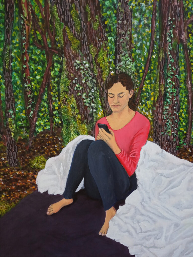 Peinture jeune fille avec son téléphone portable, assise sur son lit