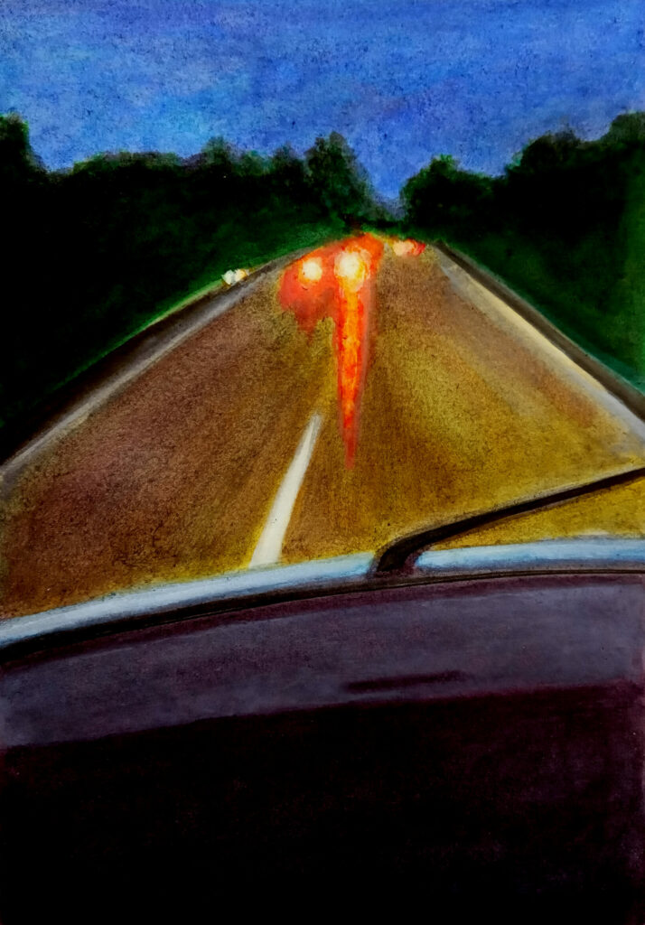 Peinture paysage route de nuit