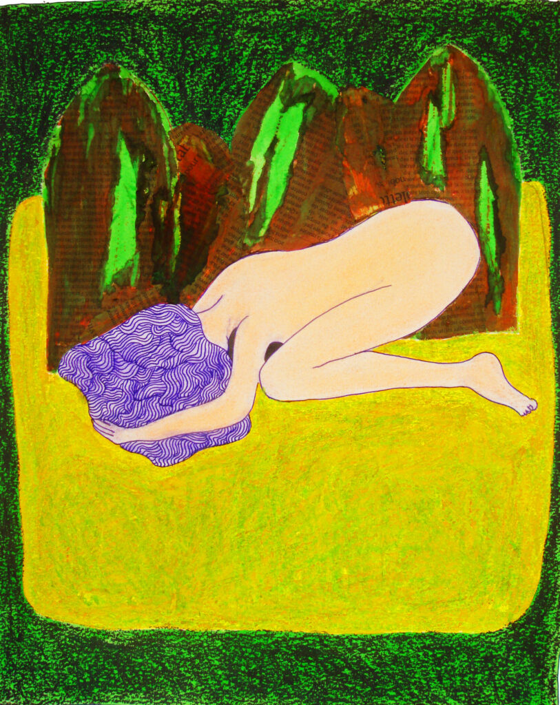 dessin en technique mixte d'une femme nue de profil, agenouillée