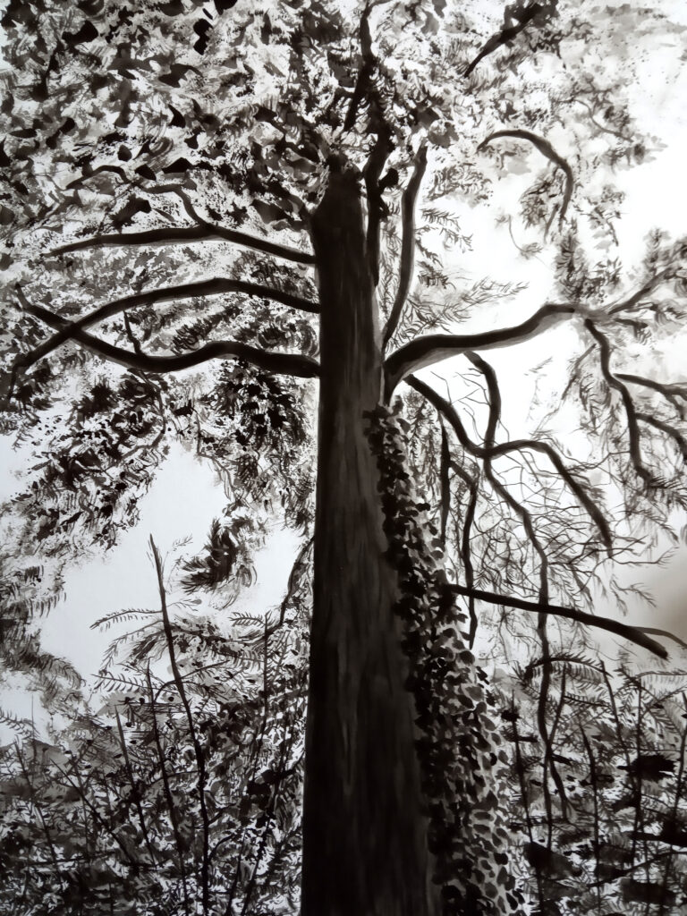 Peinture paysage au pied d'un arbre, à l'encre de Chine