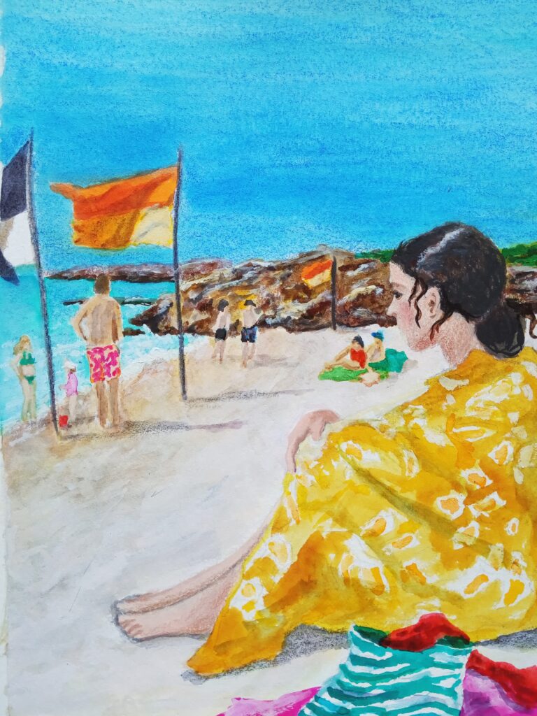 Portrait en technique mixte d'une jeune fille plage de la Govelle