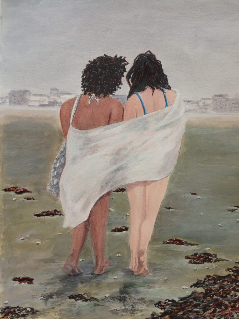 Portrait de 2 jeunes femmes sur l'estran au Pouliguen