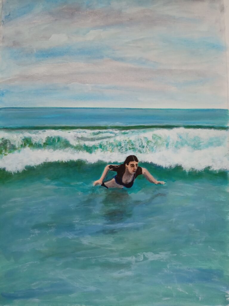Peinture d'une femme se baignant dans l'océan agité