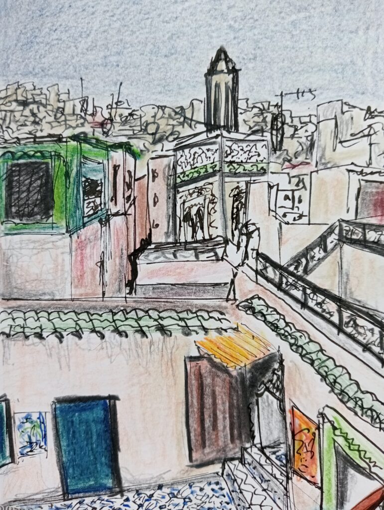Croquis médian de Fès, vue des toits et terrasses.