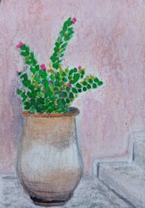 Peinture terre cuite et plante marocaine
